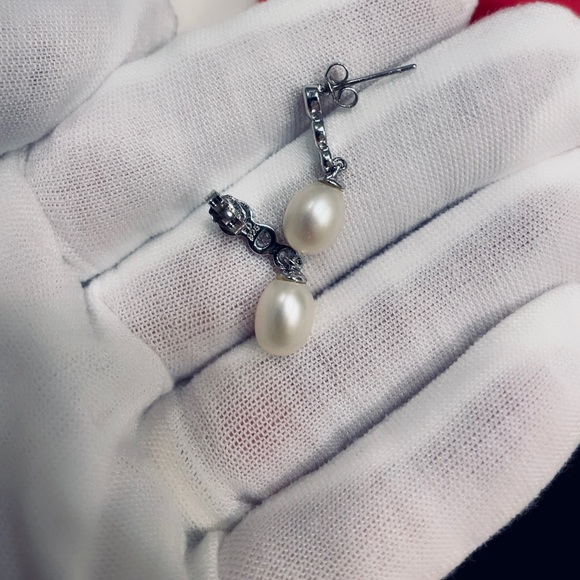 Freshwater Pearl and Diamond Accent Drop Post Earrings 925 SS - Picture 2 of 3